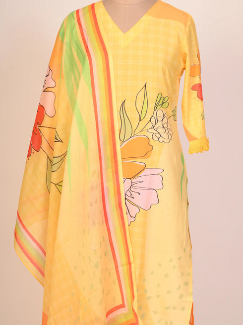 Yellow Cotton Floral Print Kurti Set